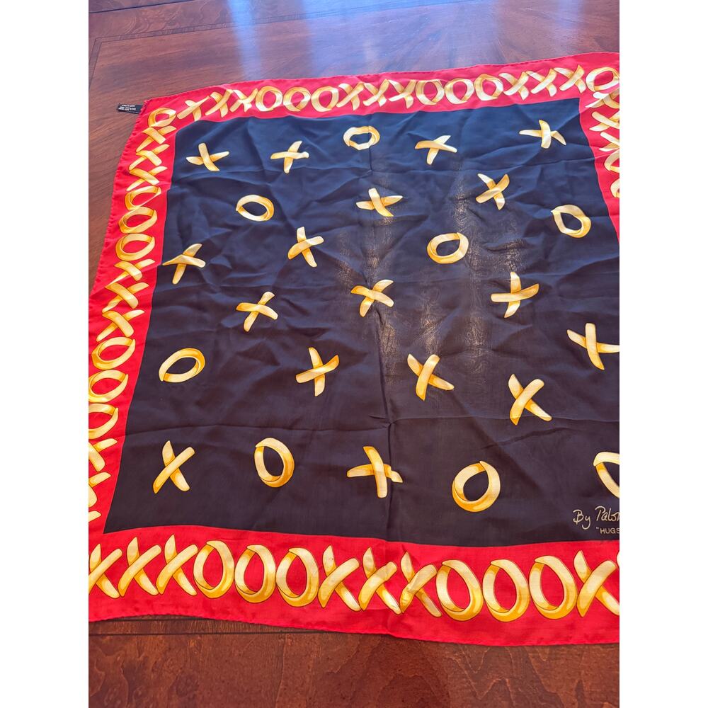 Paloma Picasso Silk Scarf 24x24 Hugs & Kisses XO Black Red Gold vintage Italy